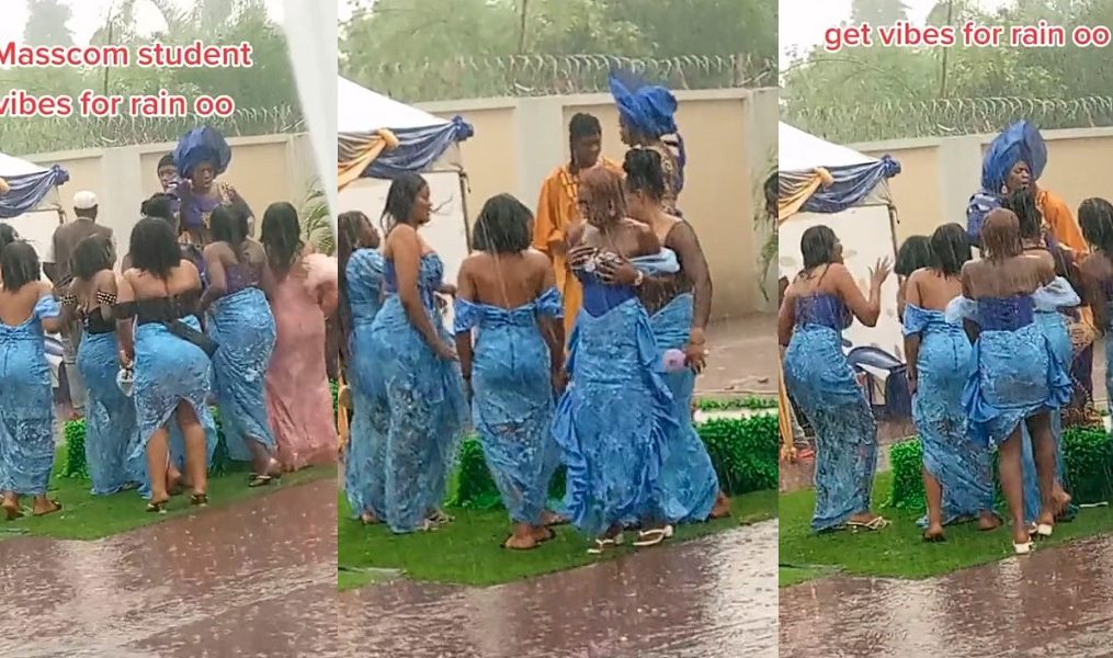 “True definition of friendship” – Aso-ebi ladies defy rain to dance with bride during her traditional wedding ceremony (video)
